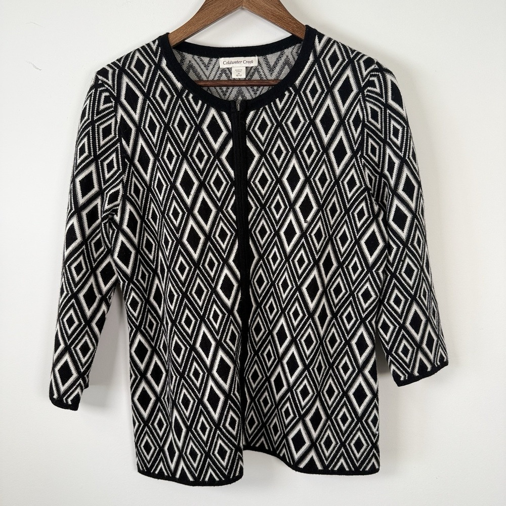 Coldwater Creek M Zip Cardigan Sweater Black White Lightweight Diamond‎ Pattern